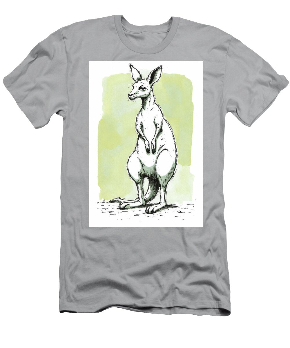Cartoon Kangaroo with a Green Background Drawn in Black Ink Wall Art Prints T-Shirt