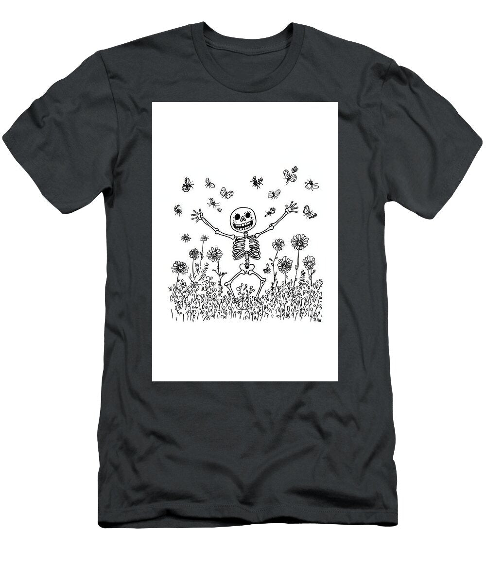 Cartoon Skeleton Frolics in a Field of Flowers and Butterflies Jose Campes T-Shirt