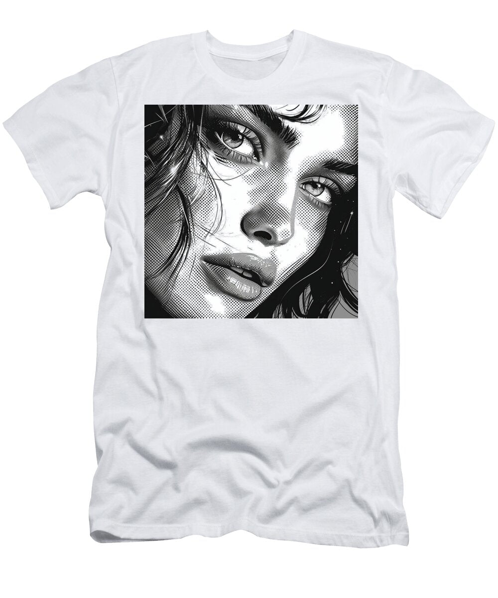 Close Up of a Womans Face in a Black and White Pop Art Style Roberto Hijo T-Shirt