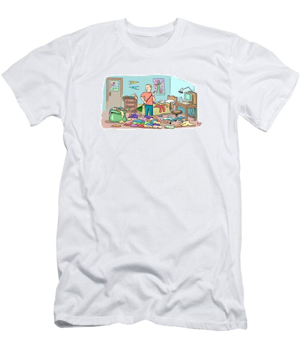 College Kid Rakes Up His Clothes on the Floor in Messy Dorm Bob Eckstein No Index T-Shirt