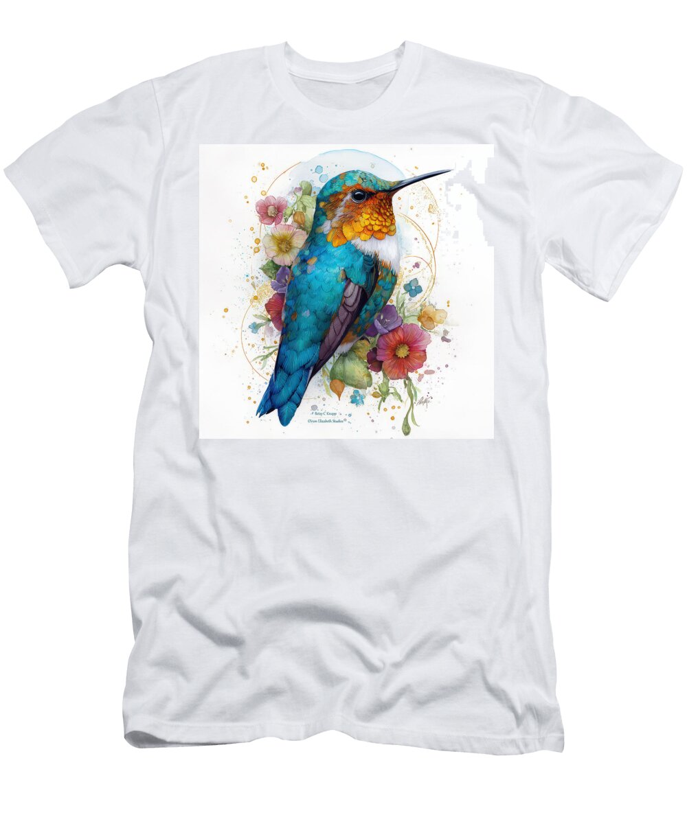 Colorful Hummingbird with Floral Background Betsy Knapp T-Shirt