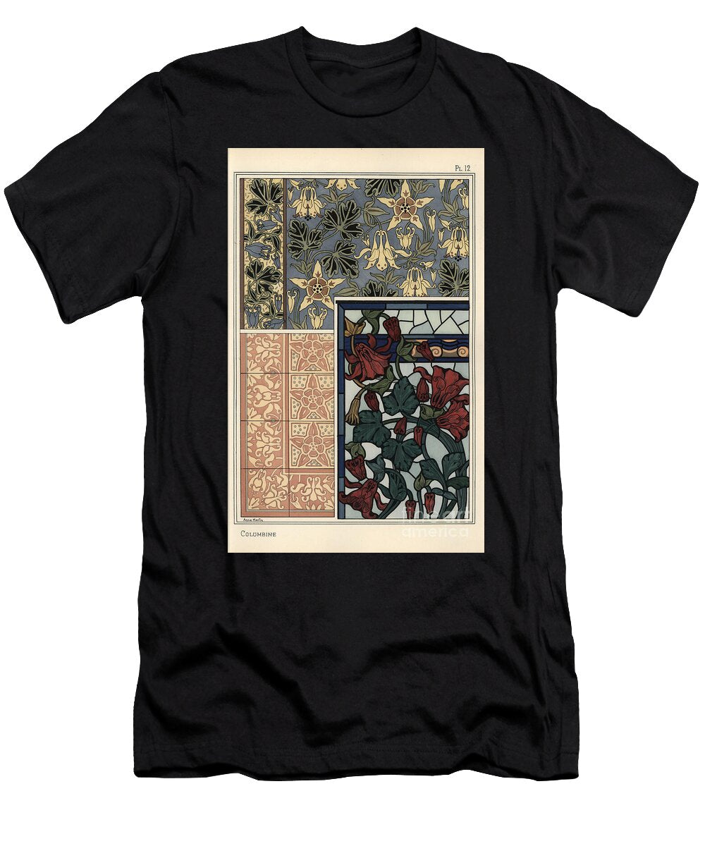 Columbine Aquilegia Vulgaris Flower in Patterns for Wallpaper Stained Glass and Tiles 1897 Lithograph Eugene Grasset T-Shirt