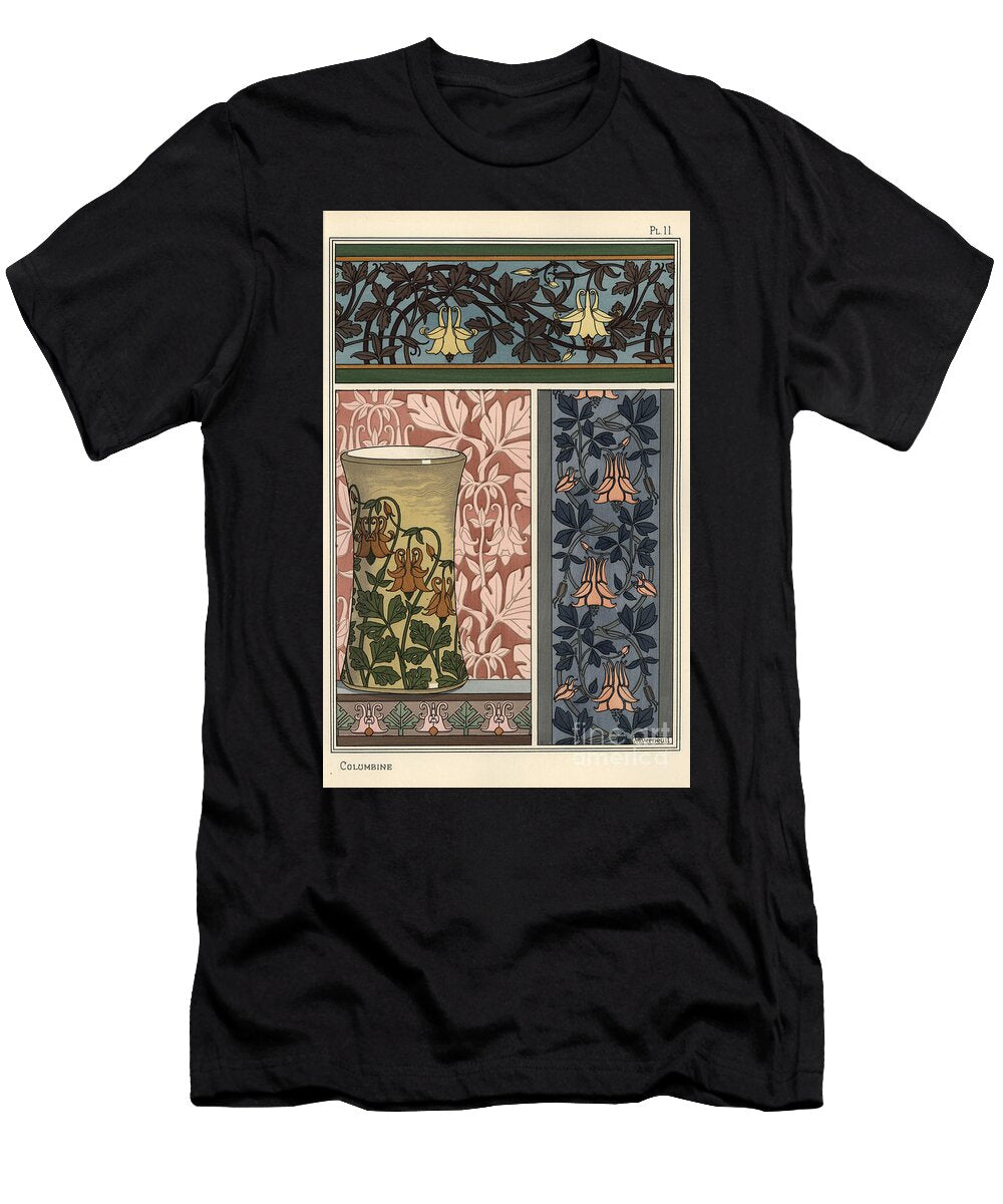 Columbine Flower Aquilegia Vulgaris in Patterns for Wallpaper Fabric and Vase 1897 Lithograph Eugene Grasset T-Shirt