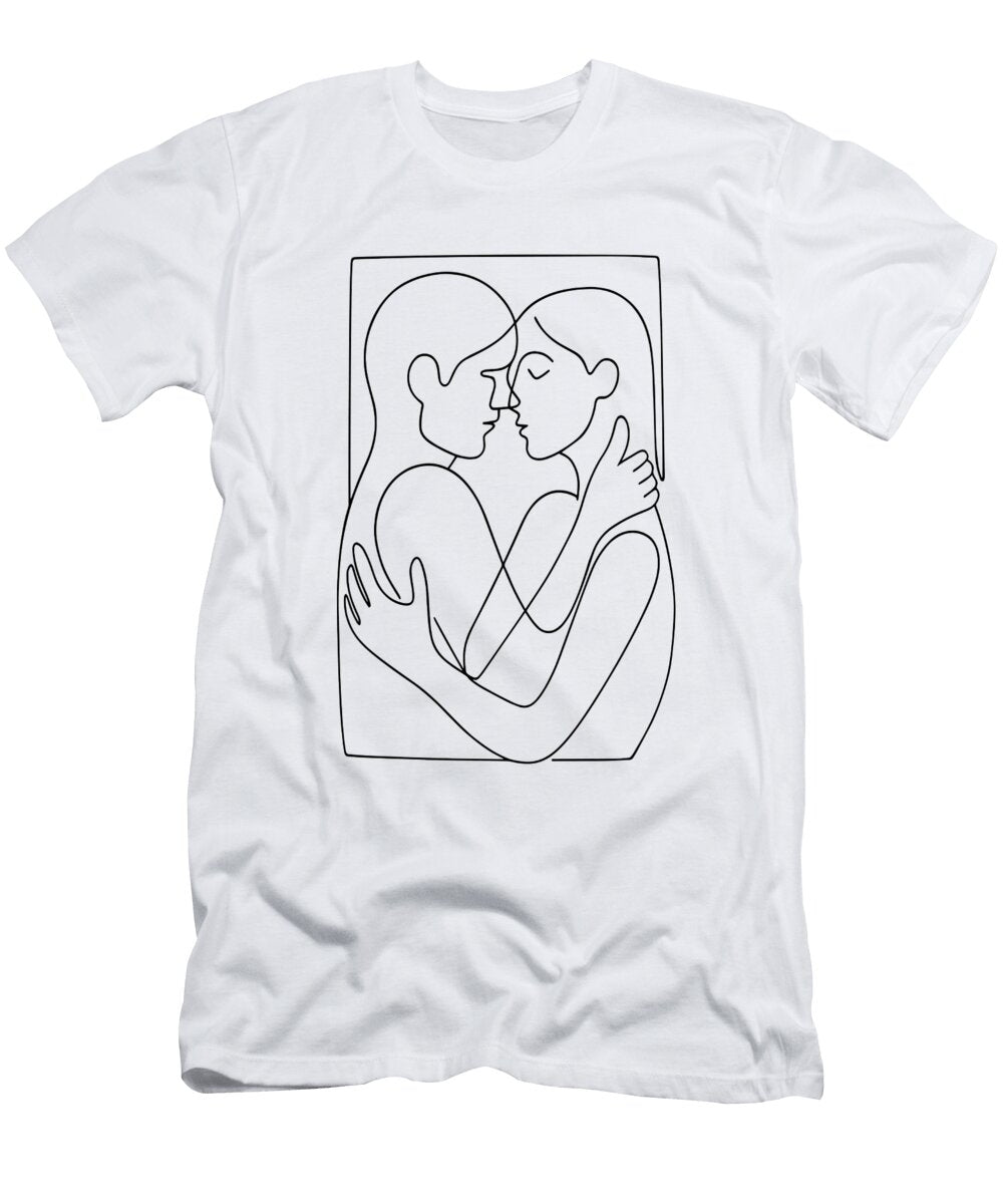 Couple Embrace in Line a Minimalist Love Connection Minimalistic Love Art Romantic Lineart Mounir Khalfouf T-Shirt