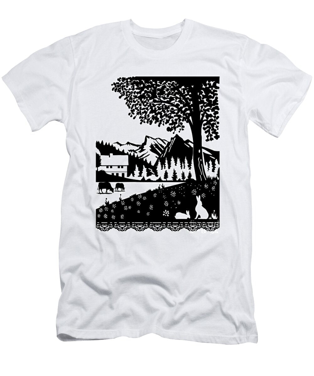 Cow and Rabbit in Diemtigtal Nature Park in Bern Switzerland Swiss Scherenschnitte Paper Cut Style Aloysius Patrimonio T-Shirt