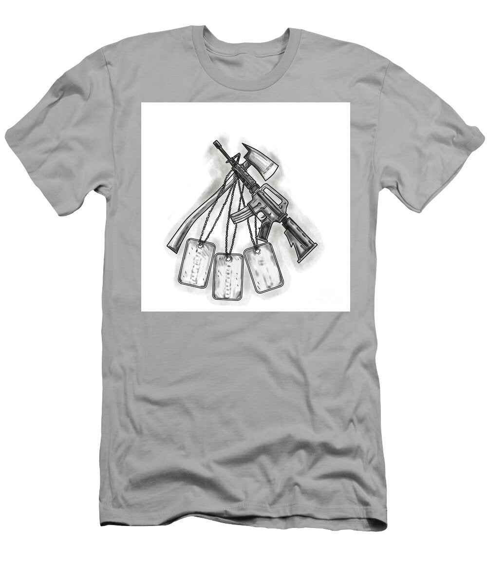 Crossed Fire Ax and M4 Rifle Dog Tags Tattoo Aloysius Patrimonio T-Shirt