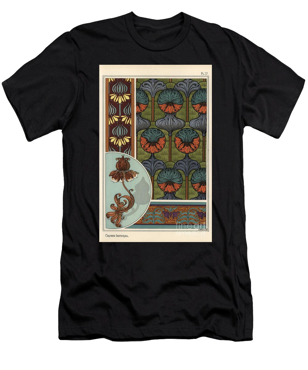 Crown Imperial Flower Fritillaria Imperialis in Wallpaper and Fabric Patterns and As Design for a Wrought Iron Lamp 1897 Lithograph Eugene Grasset T-Shirt