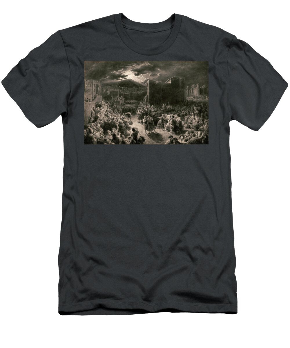 Crucifixion Scene in Stormy Dark Town with Crowds and Roman Soldiers Surrounding Two Men Gustave Dore and Herbert Bourne T-Shirt