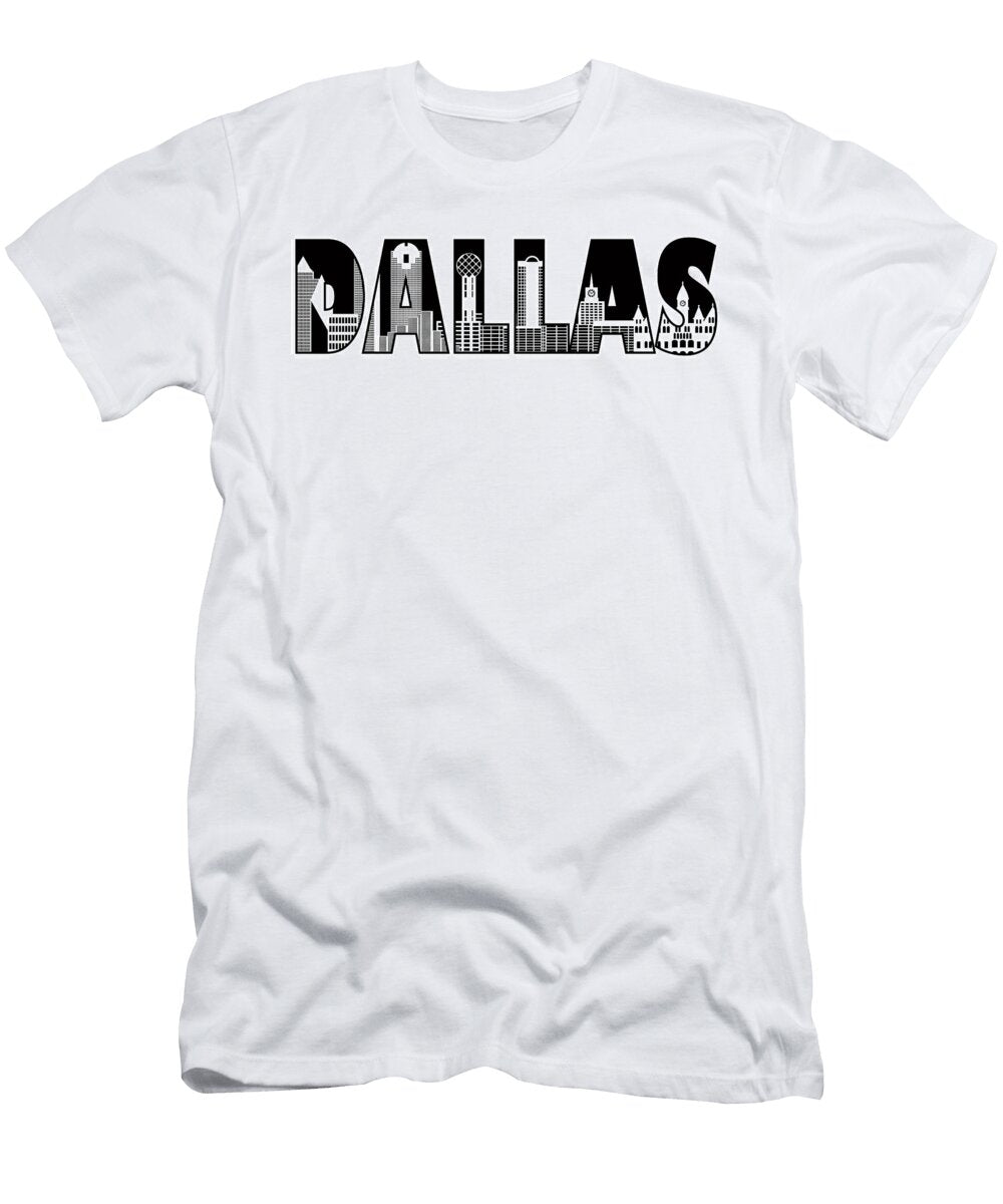 Dallas City Skyline Text Outline Black and White Illustration Jpldesigns T-Shirt