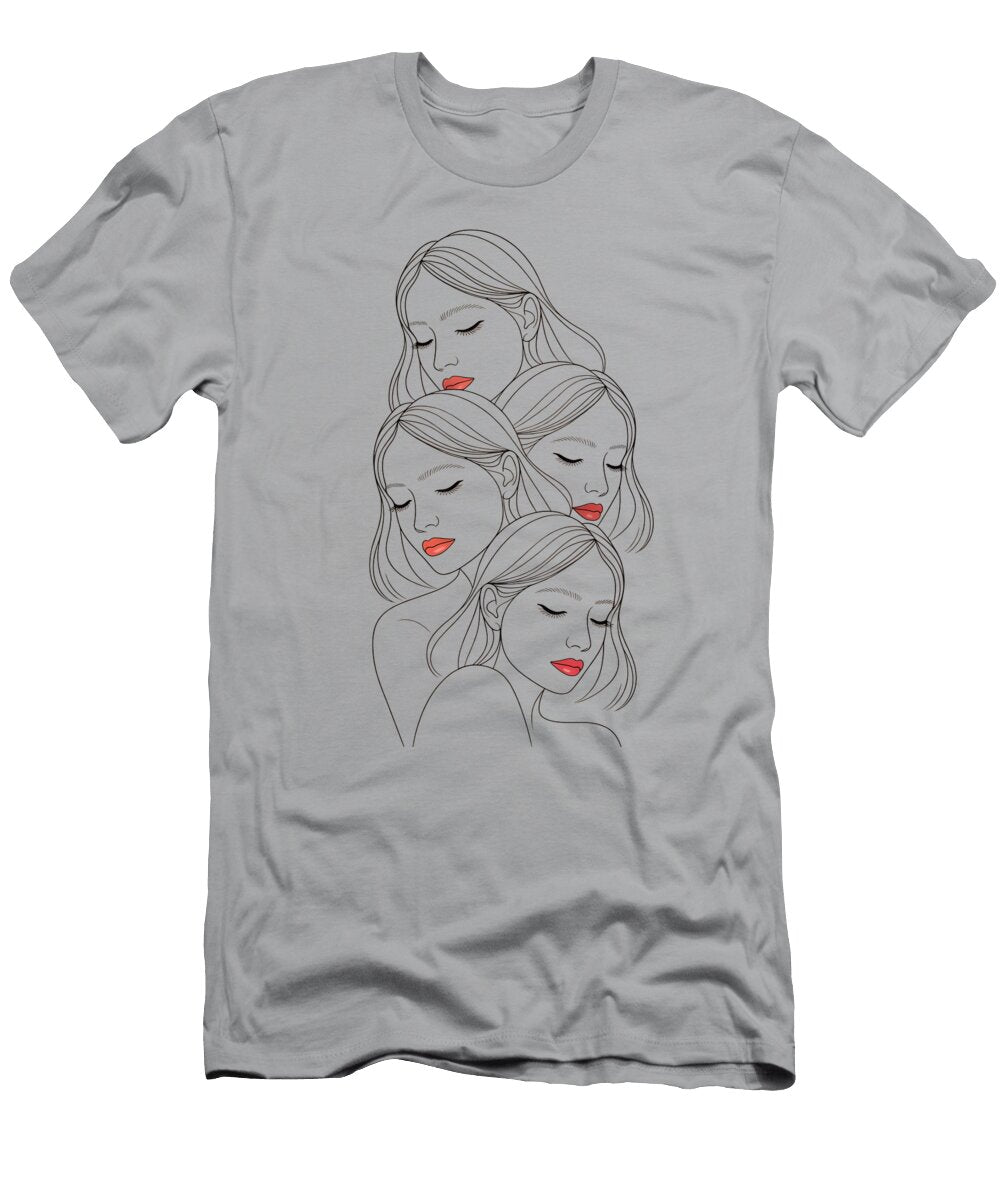 Dreamy Female Faces Print Vertical Cluster of Serene Portraits Soft Blush and Closed Eyes Calming Mounir Khalfouf T-Shirt
