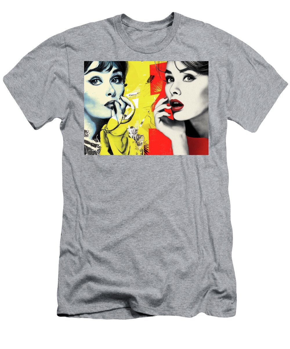 Dual Pop Art Portrait of Glamorous Women in Red and Blue Tones with Abstract Retro Background Jirka Svetlik Studio Illuvision T-Shirt