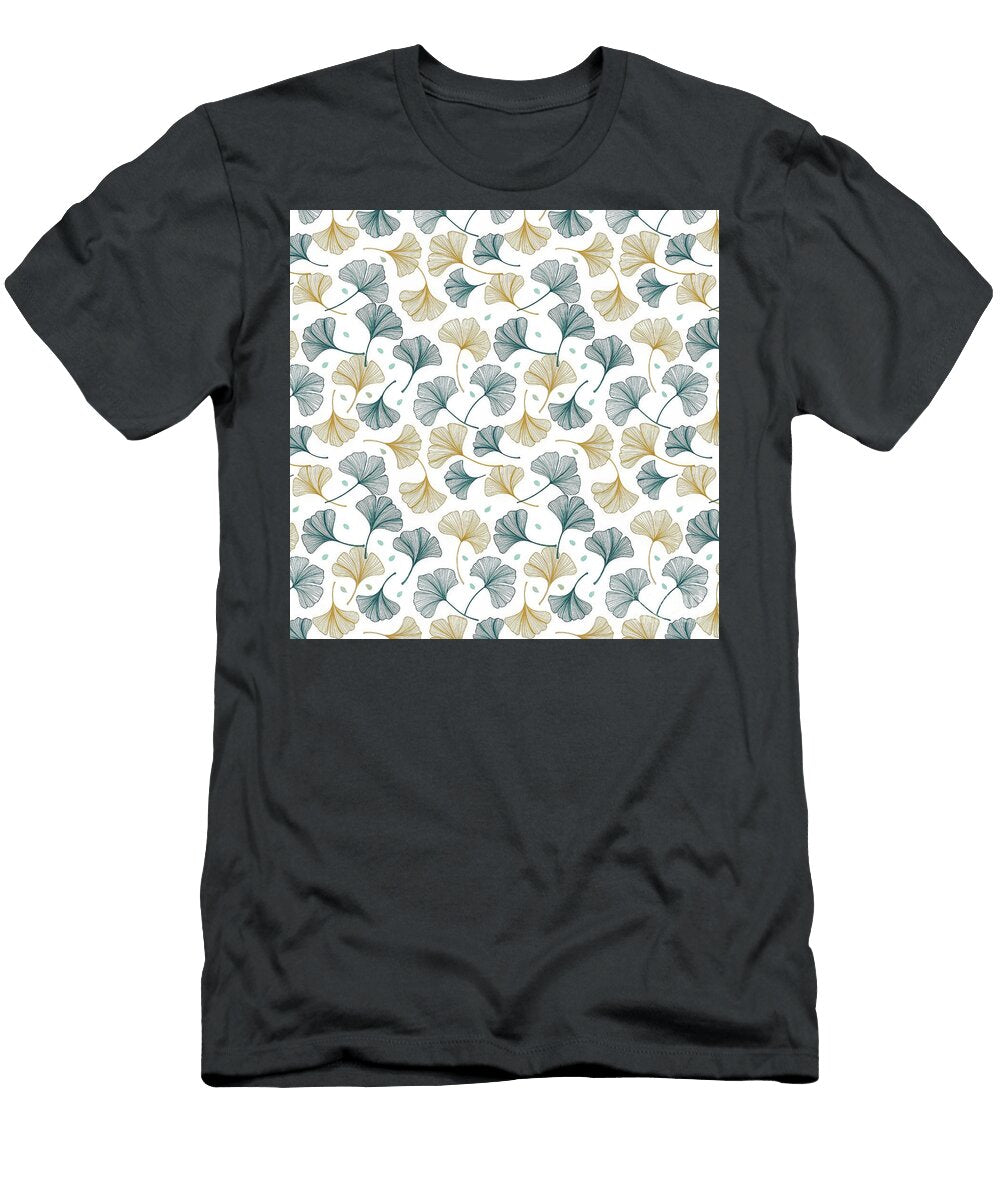 Elegant Ginkgo Leaf Pattern in Teal and Gold Line Art Abing Jee T-Shirt