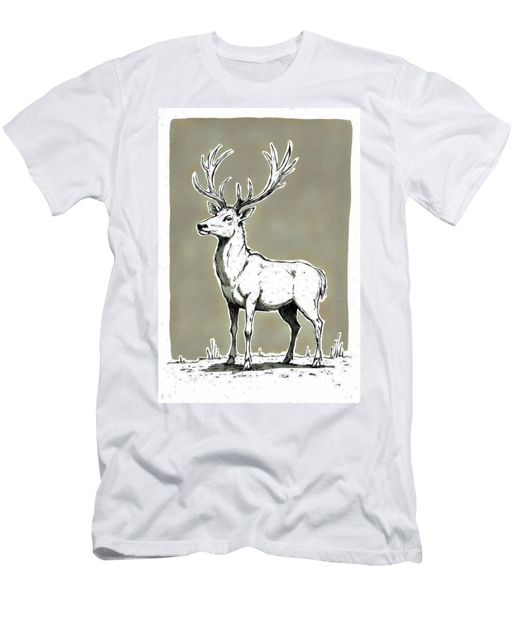 Elegant Stag with Majestic Antlers in Grayscale Drawing Wall Art Prints T-Shirt