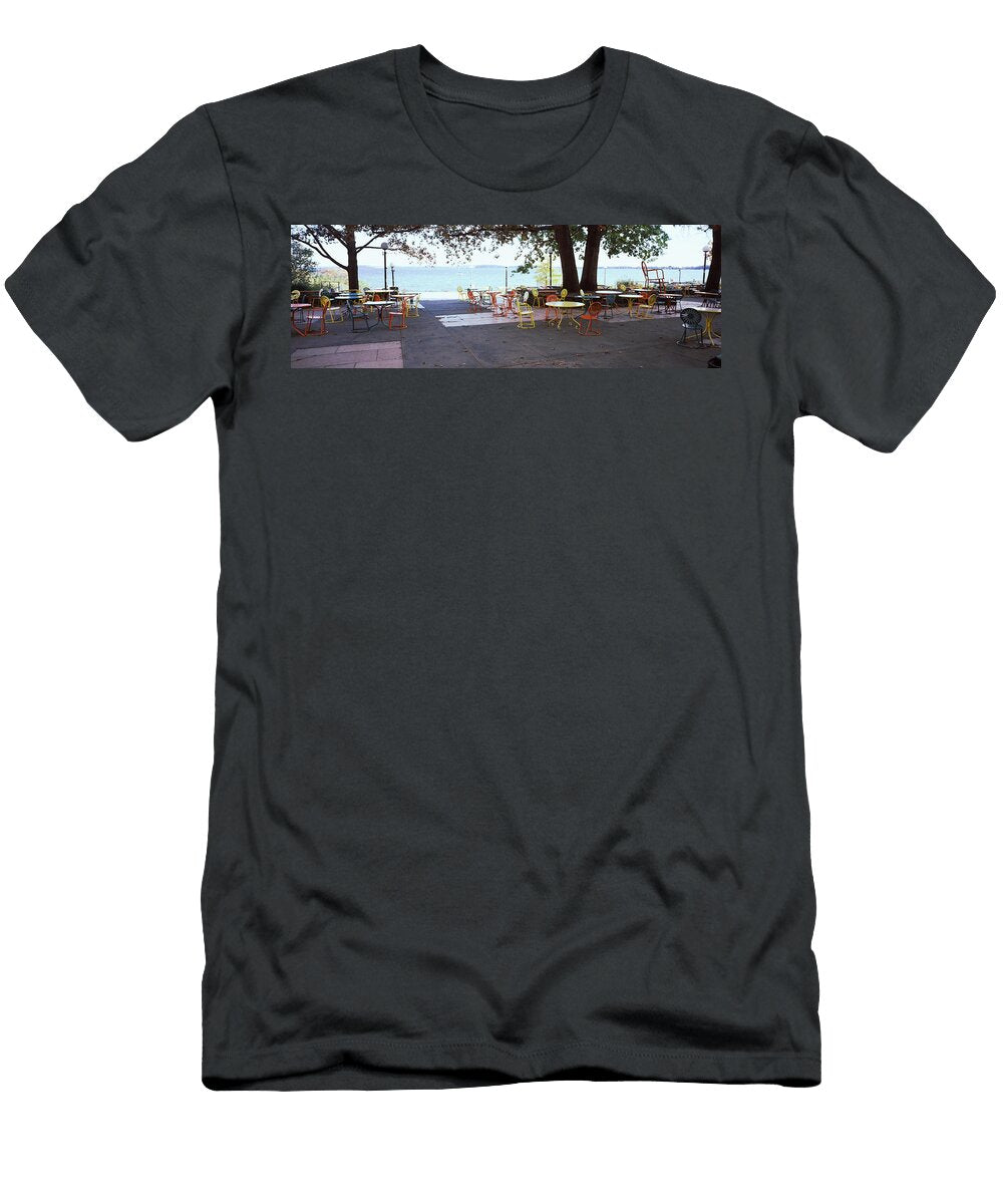 Empty Chairs with Tables in a Campus Panoramic Images T-Shirt