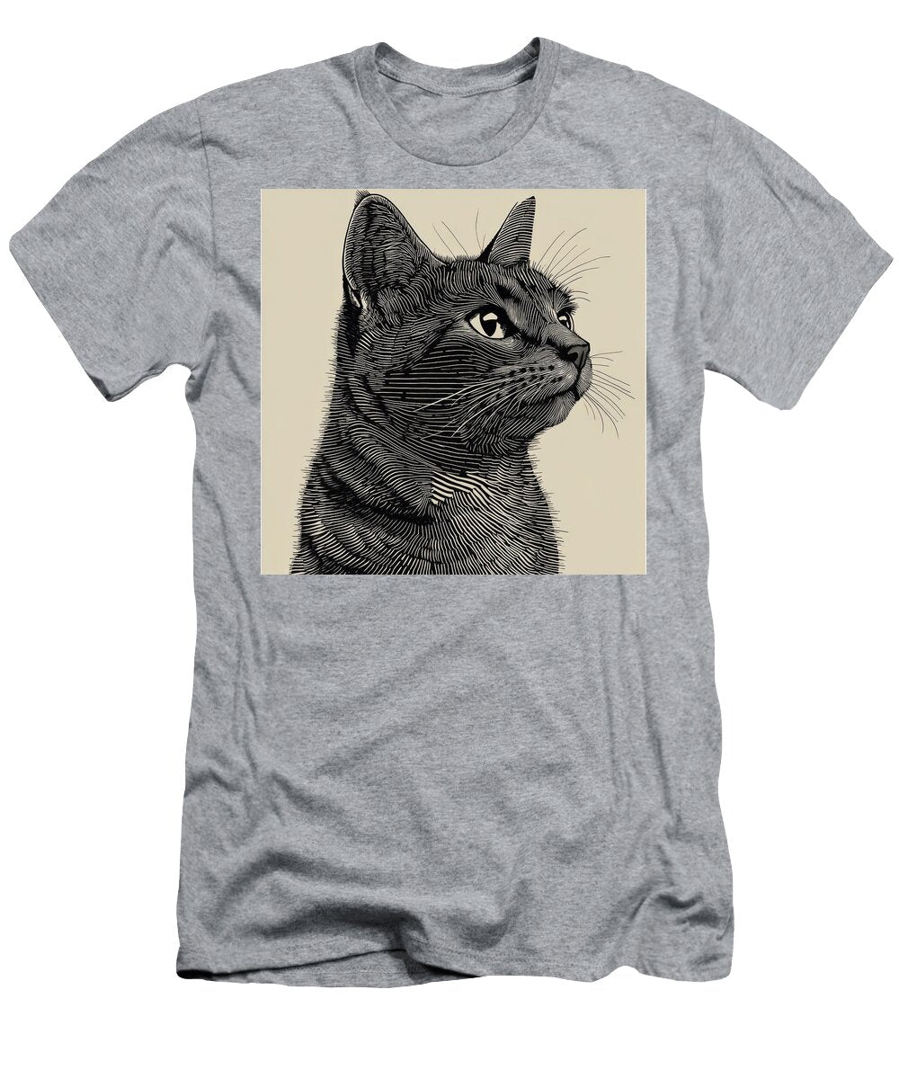 Engraved Portrait of a Curious Cat Looking Up Astone Polma T-Shirt