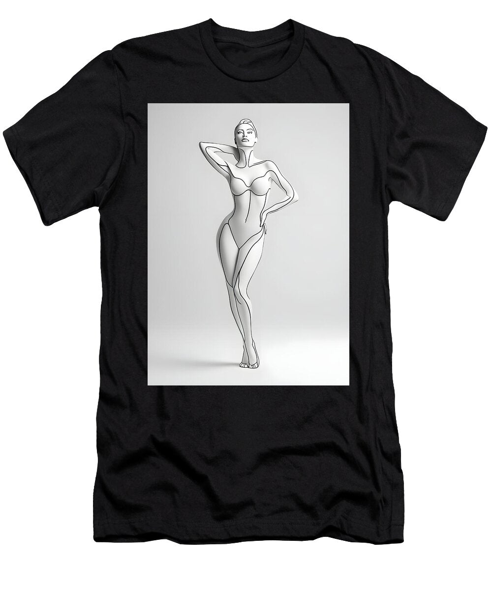 Fashion Woman in Swimwear Female Model in Swimsuit Hand Drawn Fashion Lady Line Black and White 02 Mounir Khalfouf T-Shirt