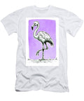 Flamingo Standing Tall on One Leg in Front of a Purple Backgroun Wall Art Prints T-Shirt