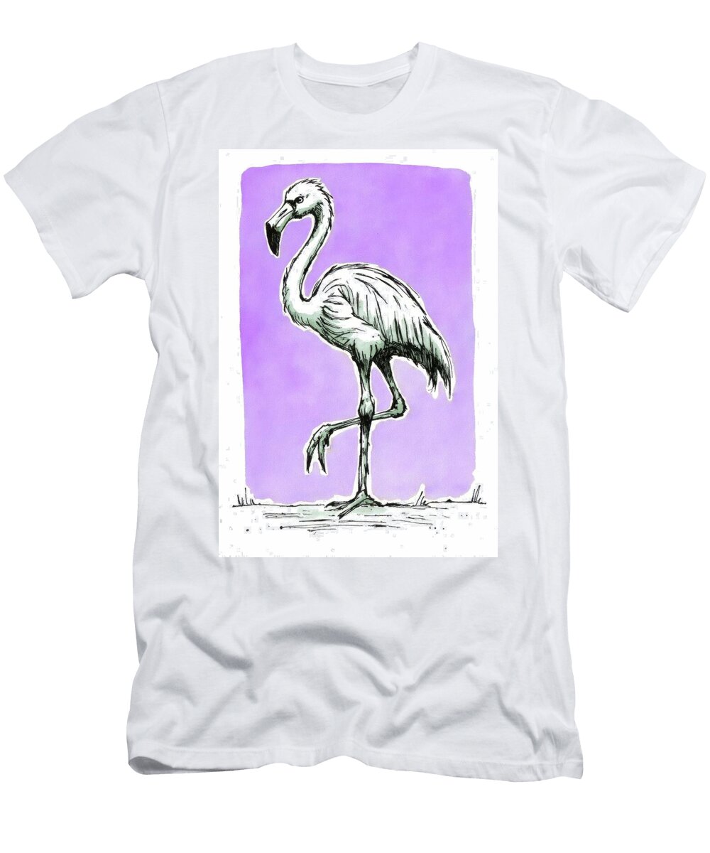 Flamingo Standing Tall on One Leg in Front of a Purple Backgroun Wall Art Prints T-Shirt
