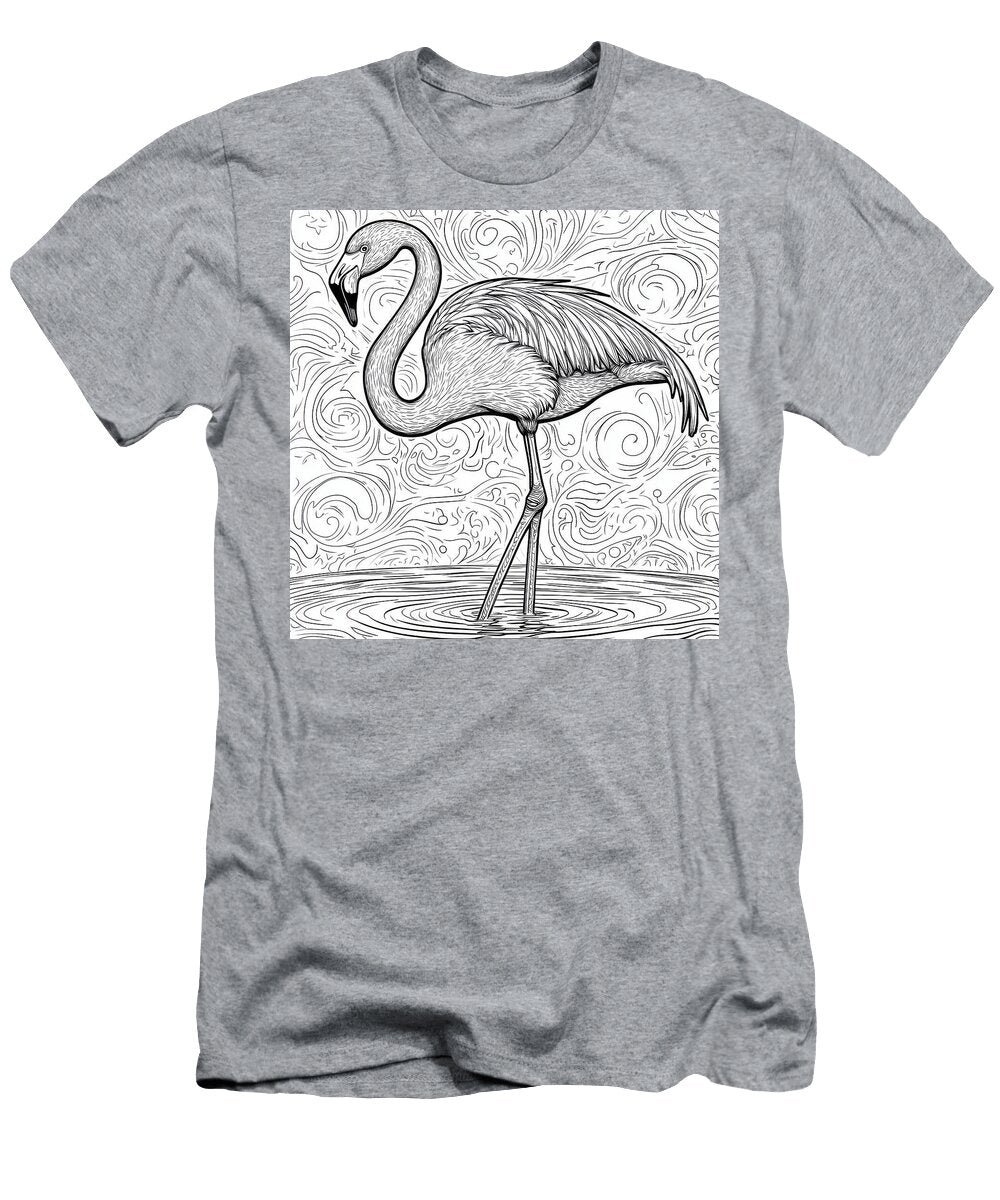 Flamingo Wading in Water Detailed Line Art Fantan Jumary T-Shirt