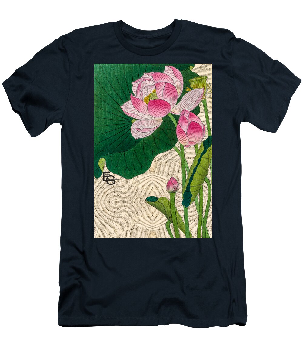 Flowers Pink Water Lilies on the Background of Musical Score Elena Gantchikova T-Shirt