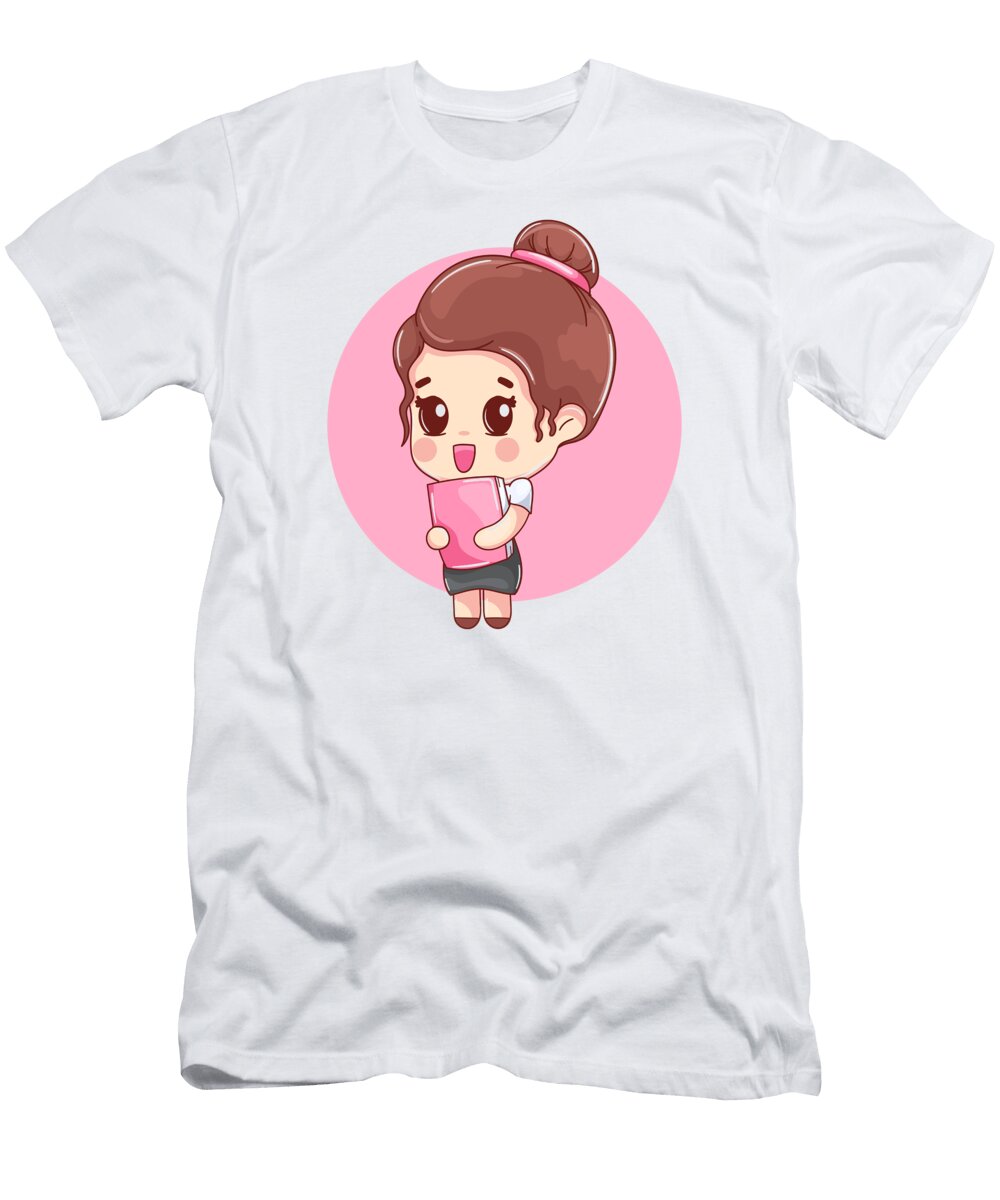 Girl in Cartoon Style Student Uniform Holding a Small Pink Notebook Ursula Amaya Garnique T-Shirt