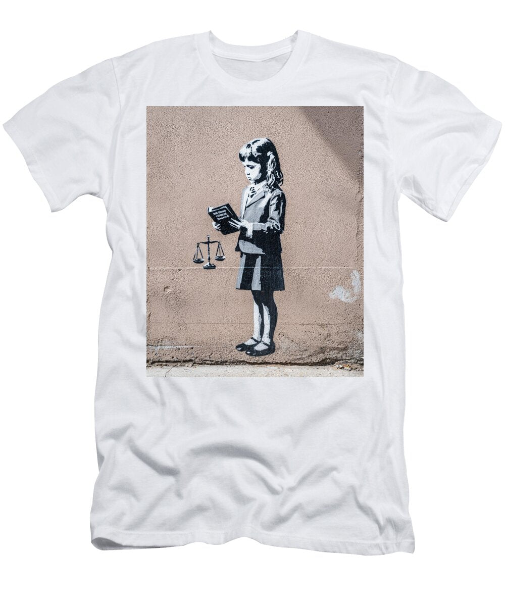 Girl Reading with Scales of Justice Kevin Walker and Pixel Reverie T-Shirt