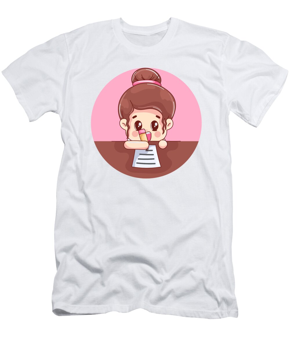 Girl Writing and Studying Cheerful Cartoon Style Ursula Amaya Garnique T-Shirt