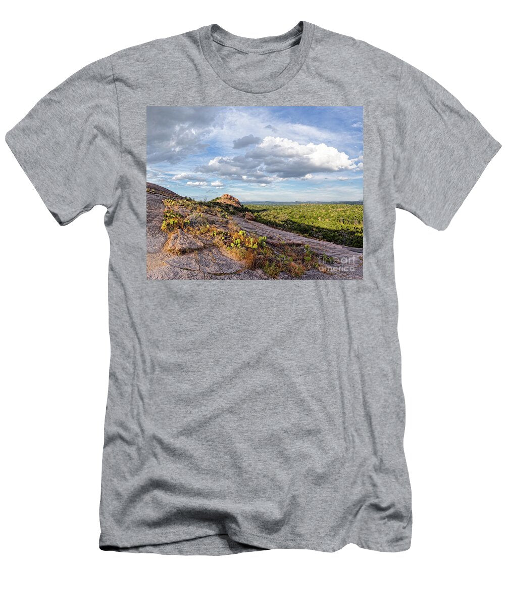 Golden Hour Light on Turkey Peak and Prickly Pear Cacti Enchanted Rock Fredericksburg Hill Country Silvio Ligutti T-Shirt