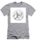 Great Blue Heron Flying Over Mountains with Stars Circle Mono Line Style Black and White Aloysius Patrimonio T-Shirt