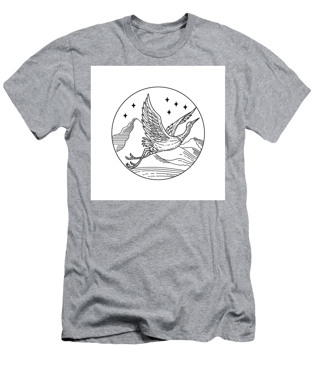 Great Blue Heron Flying Over Mountains with Stars Circle Mono Line Style Black and White Aloysius Patrimonio T-Shirt