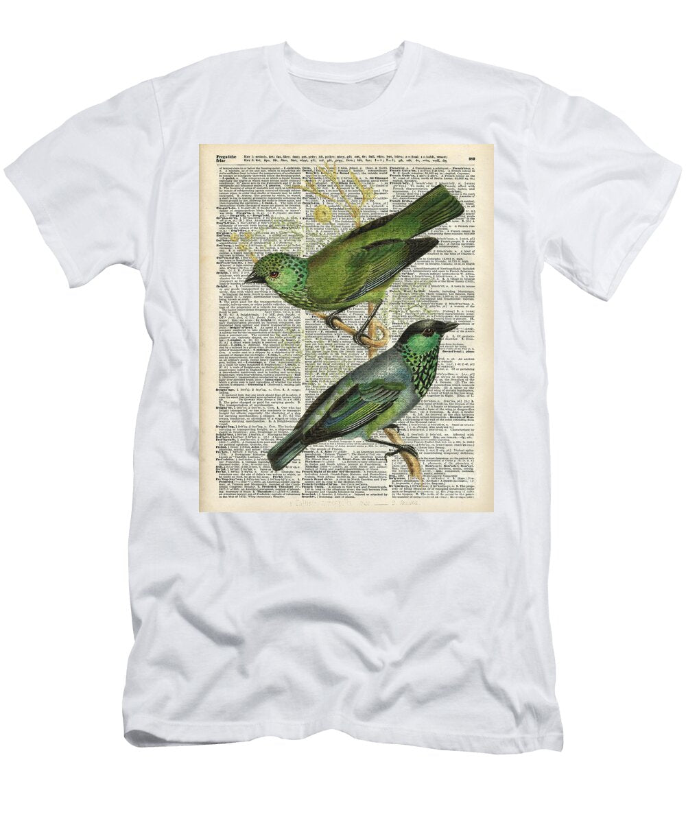Green Canary Birds Couple Over Vintage Dictionary Book Page Jacob Kuch T-Shirt