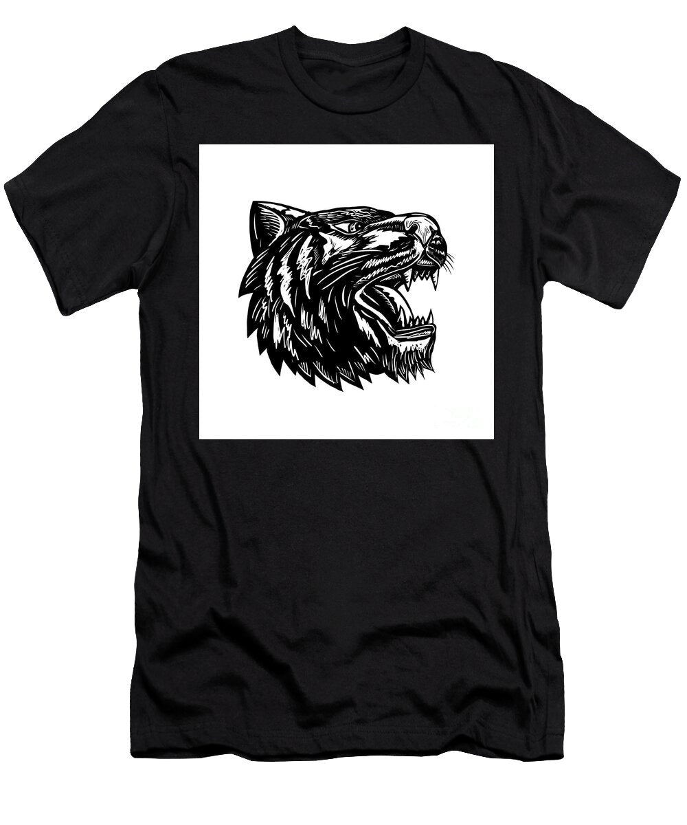 Growling Tiger Woodcut Black and White Aloysius Patrimonio T-Shirt