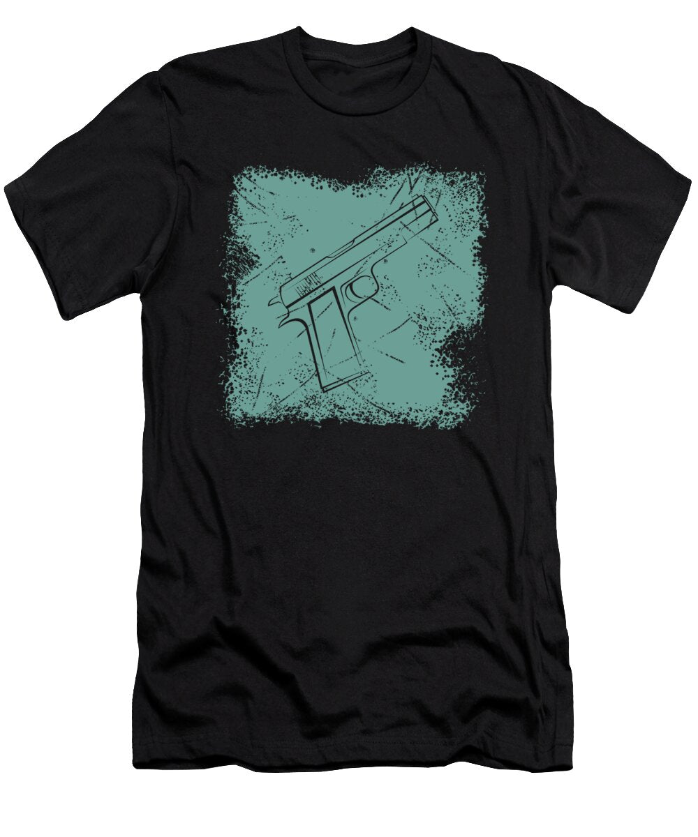Gun Colt Pistol Turquoise Distressed Stencil with Grunge Effect John Vector T-Shirt
