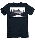 Halftone Illustration of a Black and White Mountain Landscape with Rugged Peaks and Valleys Joaquin Corbalan T-Shirt