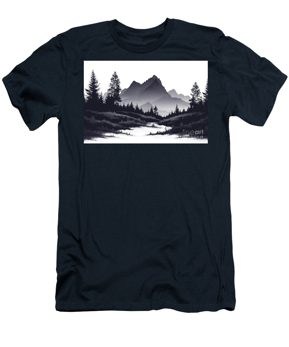 Halftone Illustration of a Black and White Mountain Landscape with Rugged Peaks and Valleys Joaquin Corbalan T-Shirt