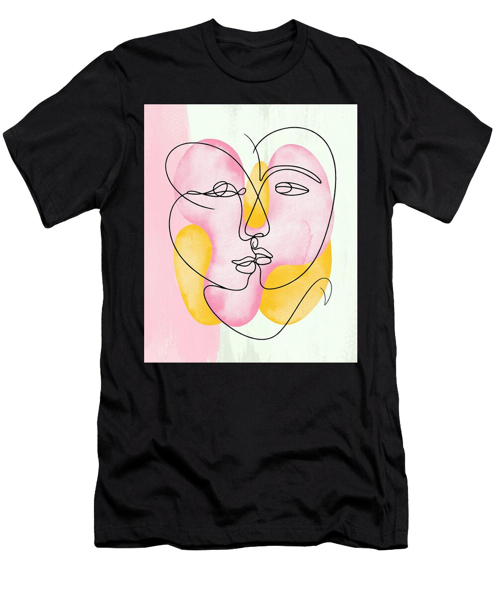 Hand Drawn Line Art Kiss Art Print Couple Kiss Illustration Romantic Wall Art Kissing Mounir Khalfouf T-Shirt