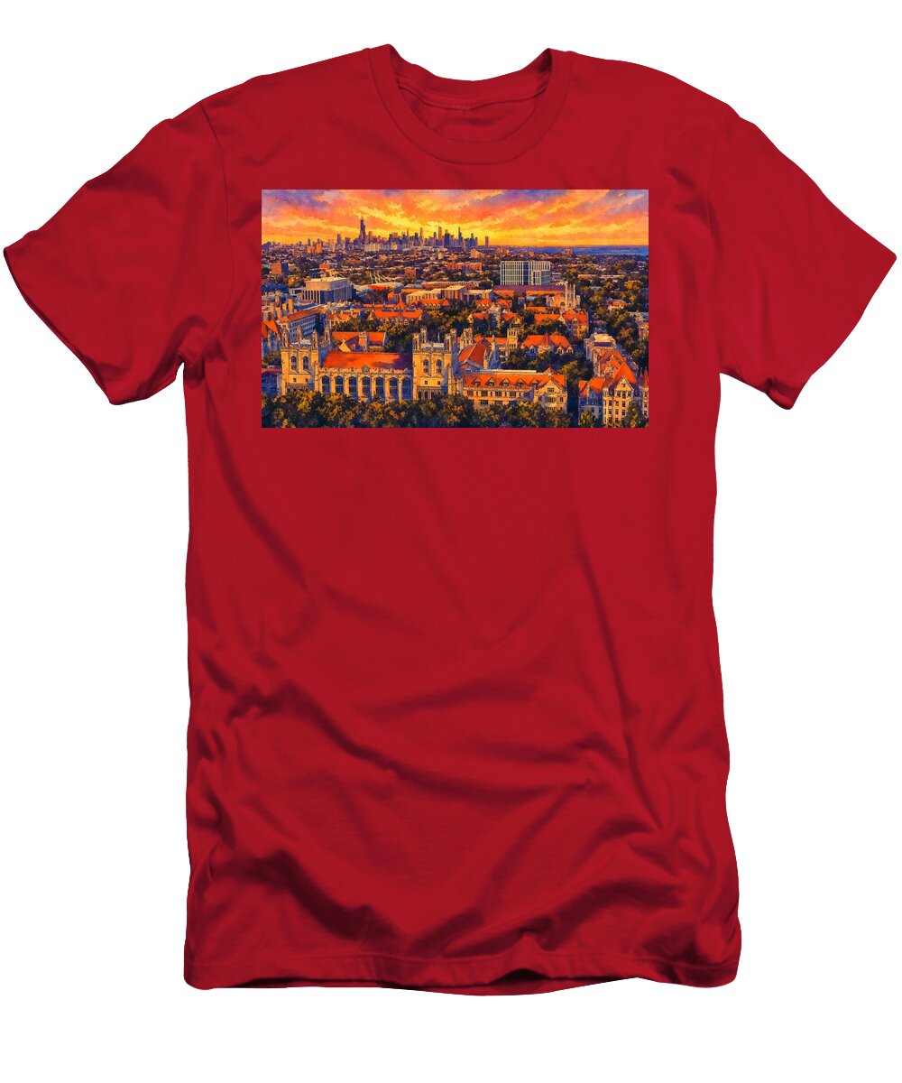 Harper Memorial Library and the Main Quadrangle of the University of Chicago Aerial View Nicko Prints T-Shirt