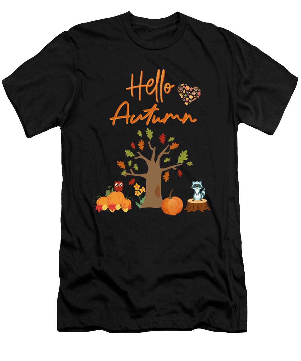 Hello Autumn with a Tree Pumpkins and Owl Licensed Art T-Shirt