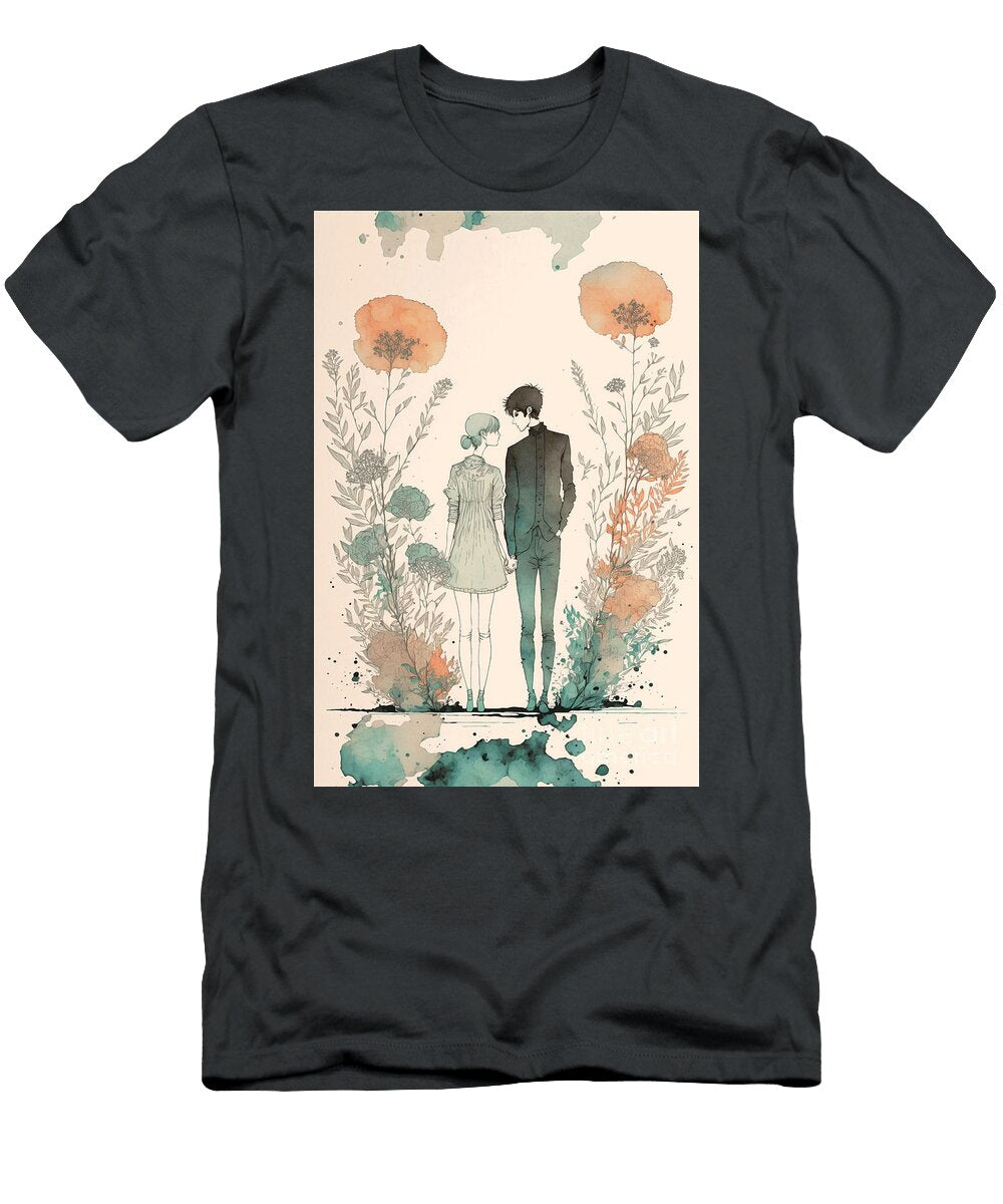Hig Collection of Watercolor Couple Lineart Drawing Couple in Love Romantic Floral Illustration 01 Mounir Khalfouf T-Shirt