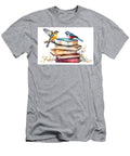 High Books Stack Isolated on White Background with Three Birds N Akkash T-Shirt