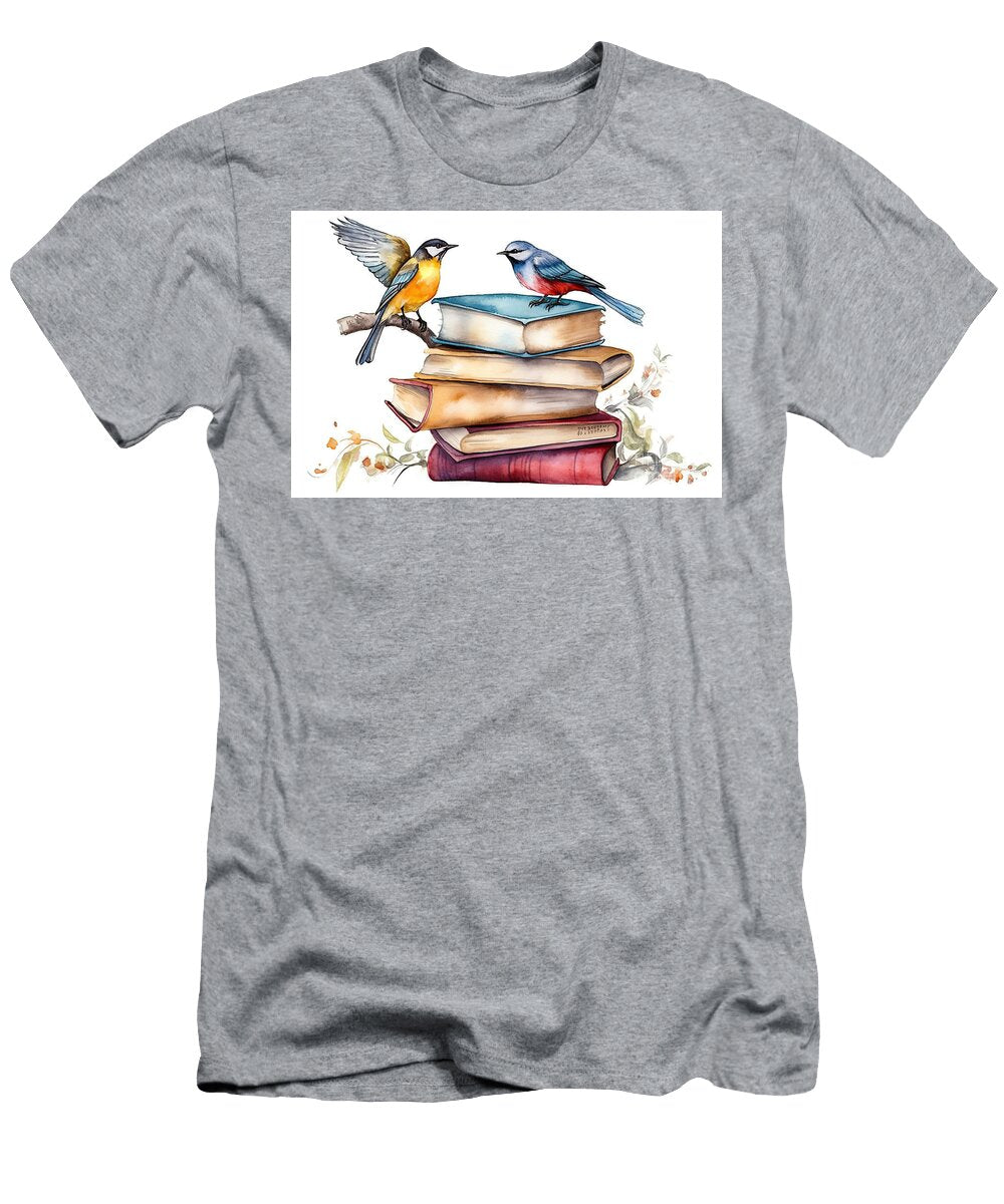 High Books Stack Isolated on White Background with Three Birds N Akkash T-Shirt