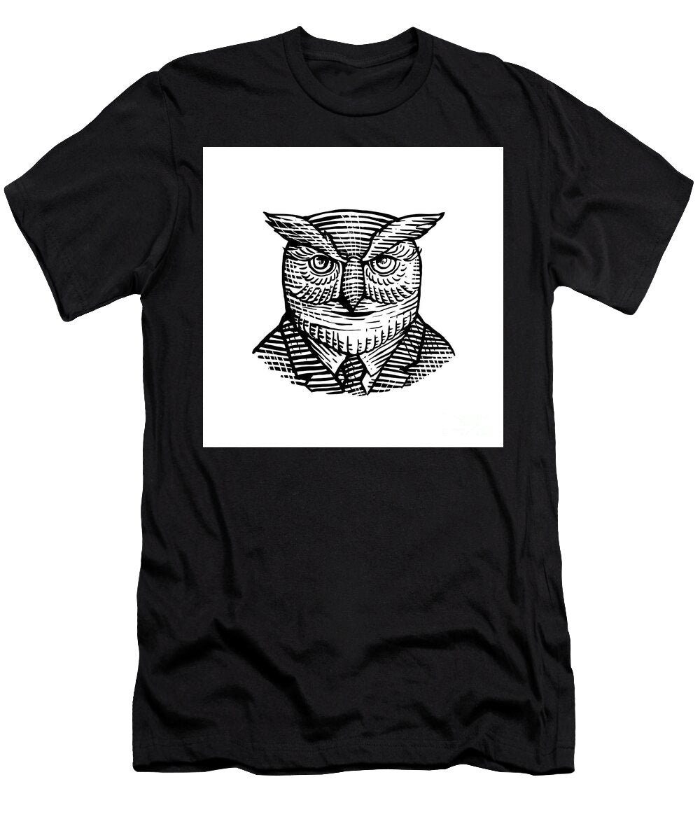 Hipster Owl Suit Woodcut Aloysius Patrimonio T-Shirt