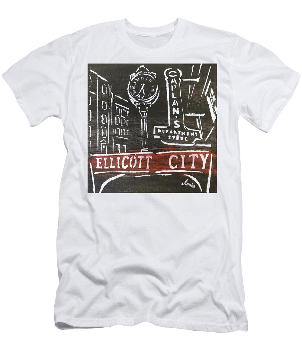 Historic Ellicott City Main Street Landmarks Black and Red Painting Marianna Mills T-Shirt
