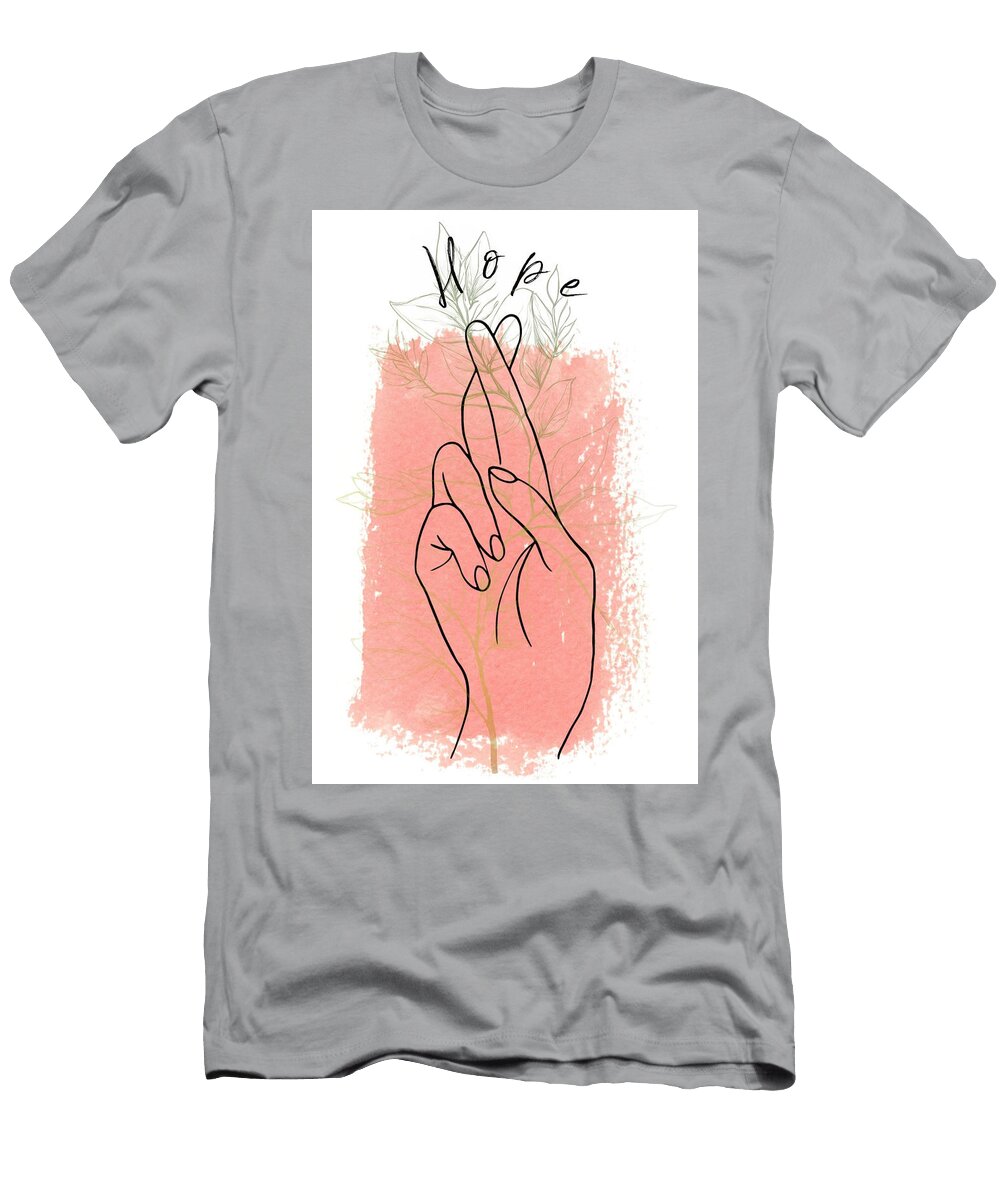 Hope Sign Print Minimal Hand and Leaves Printable Symbol of Hope Hand Gesture Drawing Minimalist Mounir Khalfouf T-Shirt