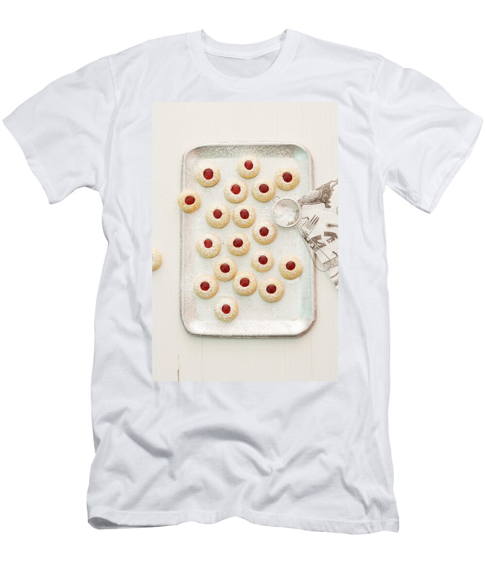 Husarenkrapferln Shortbread Jam Biscuits with Icing Sugar on a Baking Tray Michael Wissing T-Shirt