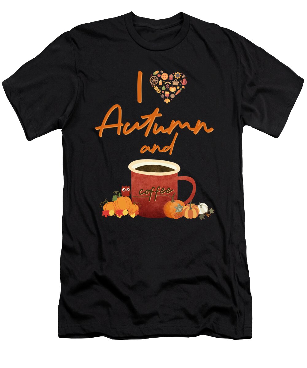 I Love Autumn and Coffee with Pumpkins and Owl Licensed Art T-Shirt