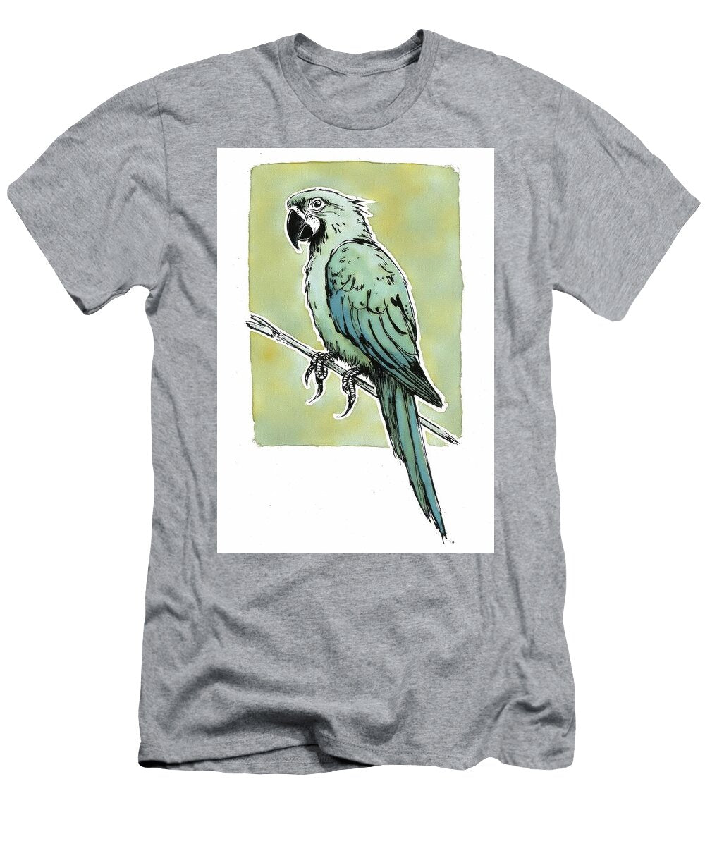 Illustrated Blue Parrot Perched on a Branch Wall Art Prints T-Shirt