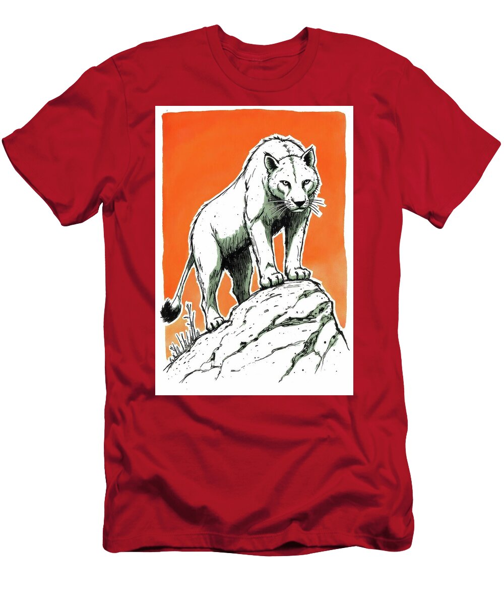 Illustration of a Wildcat Atop a Rocky Mountain Peak Wall Art Prints T-Shirt