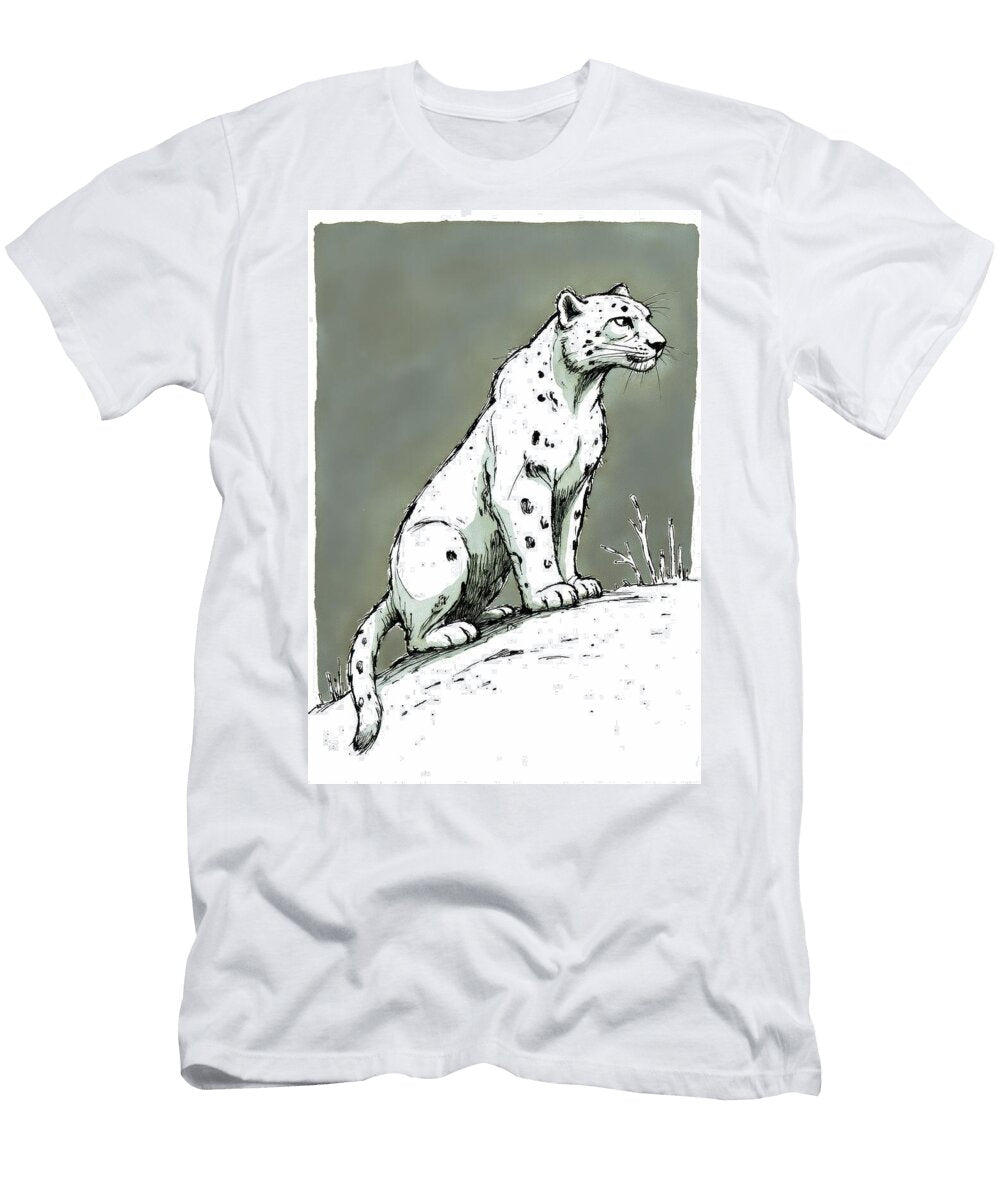 Ink Drawing of a Seated Wildcat on a Hill with Gray Backdrop Wall Art Prints T-Shirt