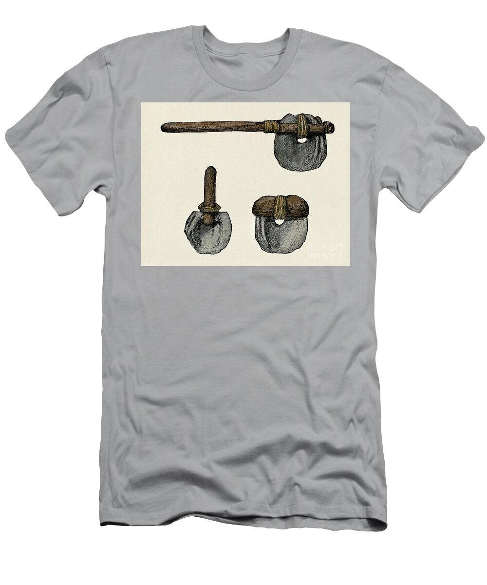Iroquois War Club and Instruments Colour Engraving From a 19th Century Photograph Iroquois War Club Top and Shell Implements Hand Colored Halftone of a 19th Century Photograph American School T-Shirt